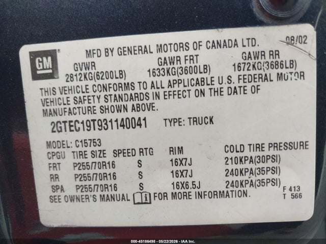 Продажа на аукционе авто 2003 Gmc Sierra 1500 Sle, vin: 2GTEC19T931140041, номер лота: 45186498