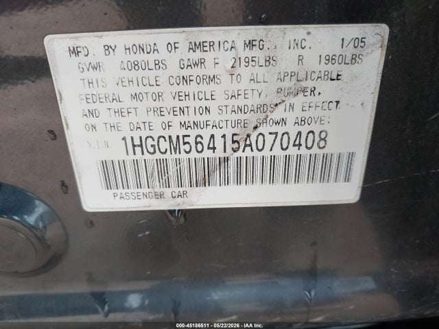 Продажа на аукционе авто 2005 Honda Accord 2.4 Lx, vin: 1HGCM56415A070408, номер лота: 45186511