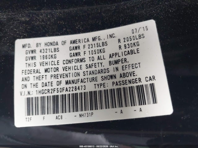 Auction sale of the 2015 Honda Accord Sport, vin: 1HGCR2F50FA228473, lot number: 45186513