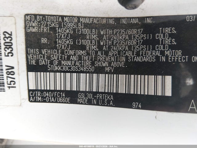 45186519 :رقم المزاد ، 5TDKK3DC3DS348550 vin ، 2013 Toyota Sienna Le V6 8 Passenger مزاد بيع
