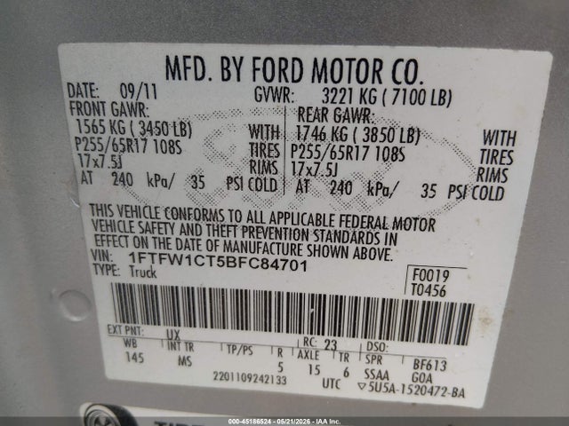 45186524 :رقم المزاد ، 1FTFW1CT5BFC84701 vin ، 2011 Ford F-150 Xlt مزاد بيع