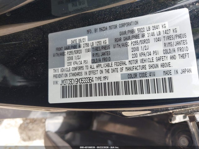 Продаж на аукціоні авто 2021 Mazda Cx-9 Grand Touring, vin: JM3TCBDY9M0533364, номер лоту: 45186539