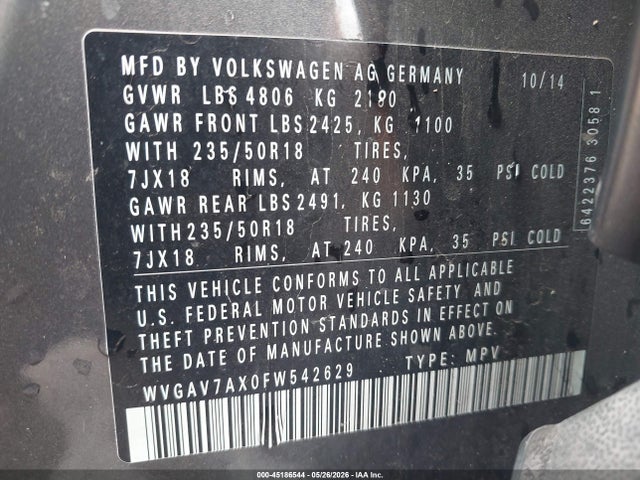 45186544 :رقم المزاد ، WVGAV7AX0FW542629 vin ، 2015 Volkswagen Tiguan Sel مزاد بيع
