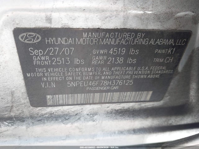 Aukcja sprzedaży 2008 Hyundai Sonata Limited V6/se V6, vin: 5NPEU46F78H376125, numer aukcji: 45186552