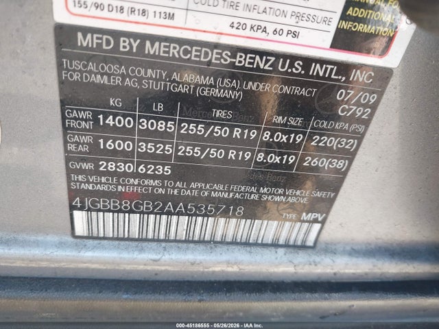 2010 Mercedes-benz Ml 350 4matic მანქანა იყიდება აუქციონზე, vin: 4JGBB8GB2AA535718, აუქციონის ნომერი: 45186555