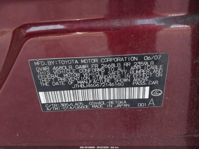 Aukcja sprzedaży 2007 Lexus Es 350, vin: JTHBJ46G672146160, numer aukcji: 45186568
