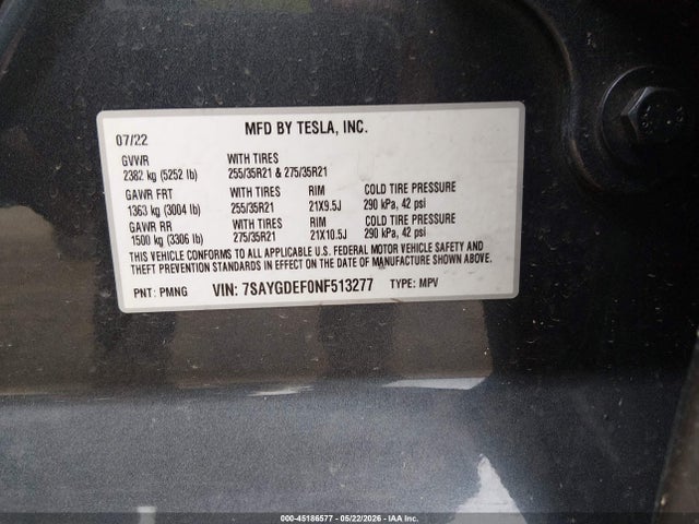 Продаж на аукціоні авто 2022 Tesla Model Y Performance Dual Motor All-wheel Drive, vin: 7SAYGDEF0NF513277, номер лоту: 45186577