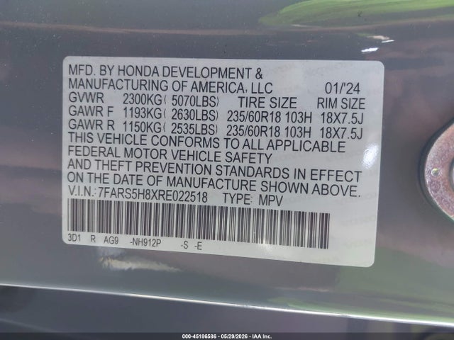 Продаж на аукціоні авто 2024 Honda Cr-v Hybrid Sport-l, vin: 7FARS5H8XRE022518, номер лоту: 45186586