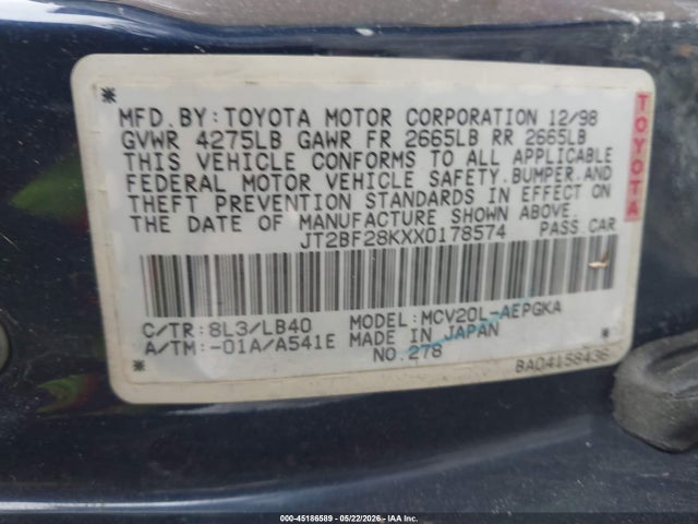 1999 Toyota Camry Xle V6 მანქანა იყიდება აუქციონზე, vin: JT2BF28KXX0178574, აუქციონის ნომერი: 45186589