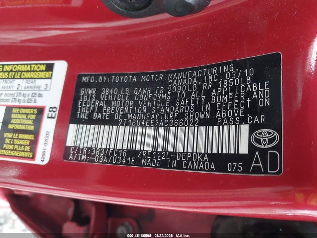 45186595 :رقم المزاد ، 2T1BU4EE7AC366022 vin ، 2010 Toyota Corolla Le مزاد بيع