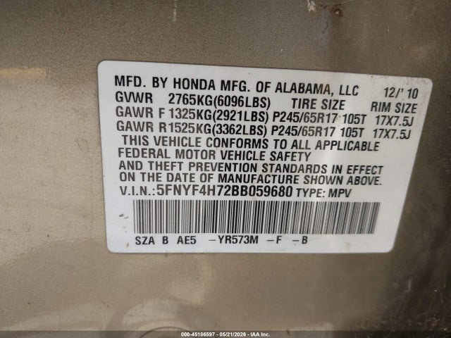 Продажа на аукционе авто 2011 Honda Pilot Ex-l, vin: 5FNYF4H72BB059680, номер лота: 45186597
