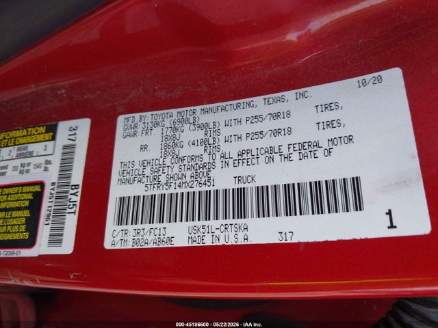 45186600 :رقم المزاد ، 5TFRY5F14MX276451 vin ، 2021 Toyota Tundra Sr5 مزاد بيع