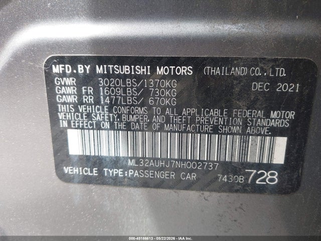 45186613 :رقم المزاد ، ML32AUHJ7NH002737 vin ، 2022 Mitsubishi Mirage Es/le مزاد بيع