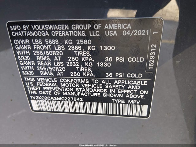 45186618 :رقم المزاد ، 1V2KC2CA3MC227542 vin ، 2021 Volkswagen Atlas Cross Sport 2.0t Se W/technology مزاد بيع