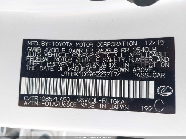 45186627 :رقم المزاد ، JTHBK1GG9G2237174 vin ، 2016 Lexus Es 350 مزاد بيع