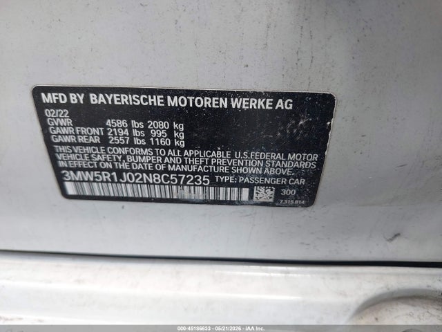 Продаж на аукціоні авто 2022 Bmw 330i, vin: 3MW5R1J02N8C57235, номер лоту: 45186633