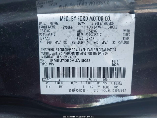 2010 Ford Explorer Xlt მანქანა იყიდება აუქციონზე, vin: 1FMEU7DE0AUA18058, აუქციონის ნომერი: 45186649