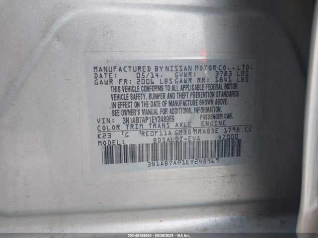 Aukcja sprzedaży 2014 Nissan Sentra Fe+ S/fe+ Sv/s/sl/sr/sv, vin: 3N1AB7AP1EY248969, numer aukcji: 45186660