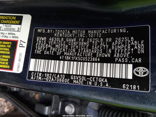 Aukcja sprzedaży 2012 Toyota Camry Xle V6, vin: 4T1BK1FK5CU523864, numer aukcji: 45186662