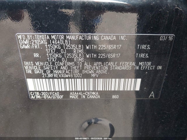 45186671 :رقم المزاد ، 2T3RFREVXGW461002 vin ، 2016 Toyota Rav4 Xle مزاد بيع