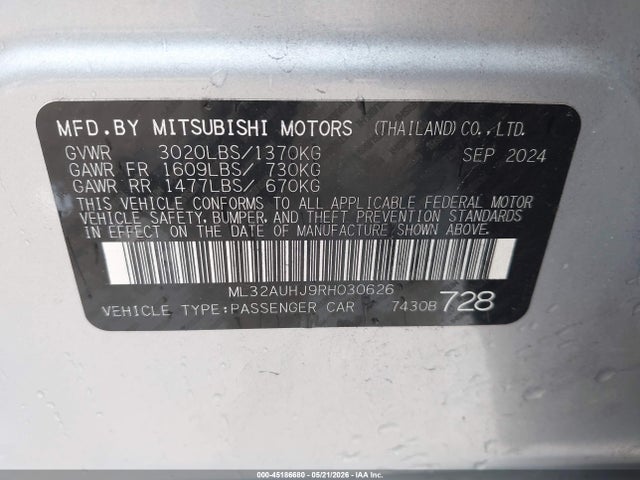 Aukcja sprzedaży 2024 Mitsubishi Mirage Es/le, vin: ML32AUHJ9RH030626, numer aukcji: 45186680