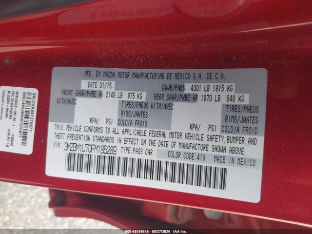 45186686 :رقم المزاد ، 3MZBM1U70FM185289 vin ، 2015 Mazda Mazda3 I Sport مزاد بيع