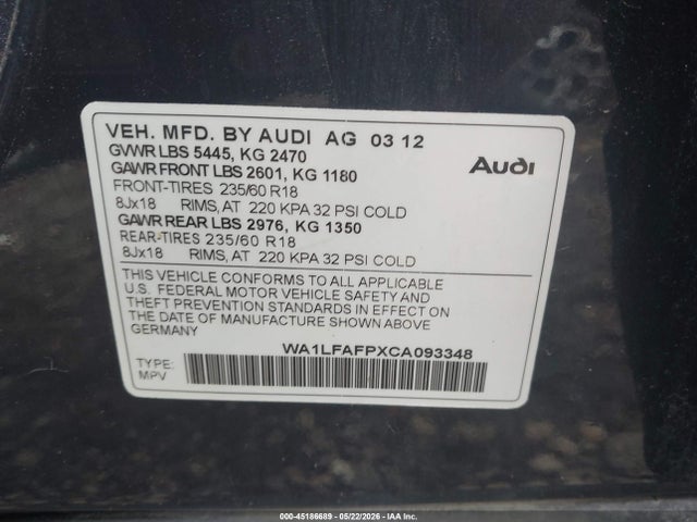 45186689 :رقم المزاد ، WA1LFAFPXCA093348 vin ، 2012 Audi Q5 2.0t Premium مزاد بيع