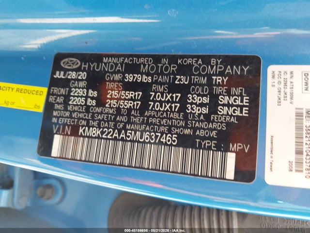 45186698 :رقم المزاد ، KM8K22AA5MU637465 vin ، 2021 Hyundai Kona Sel مزاد بيع