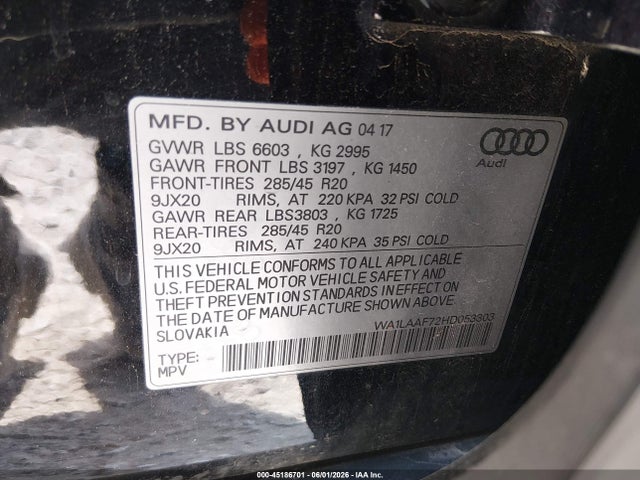 Aukcja sprzedaży 2017 Audi Q7 3.0t Premium, vin: WA1LAAF72HD053303, numer aukcji: 45186701