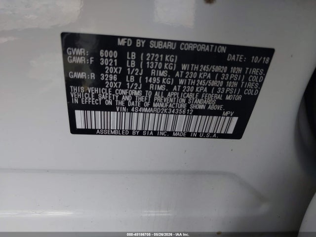 Aukcja sprzedaży 2019 Subaru Ascent Touring, vin: 4S4WMARD2K3435612, numer aukcji: 45186705