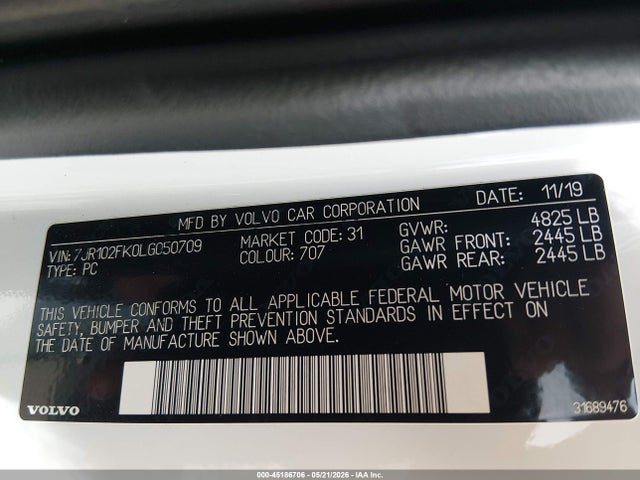 Aukcja sprzedaży 2020 Volvo S60 Momentum, vin: 7JR102FK0LG050709, numer aukcji: 45186706