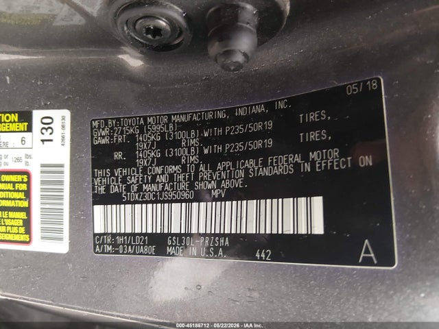 2018 Toyota Sienna Se 8 Passenger მანქანა იყიდება აუქციონზე, vin: 5TDXZ3DC1JS950960, აუქციონის ნომერი: 45186712