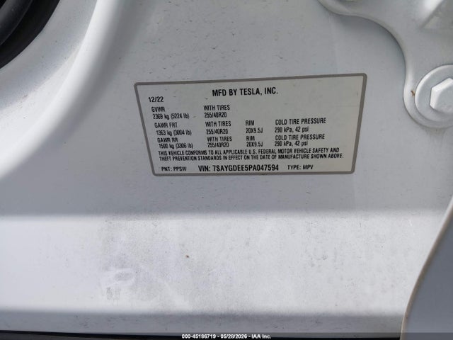 2023 Tesla Model Y Awd/long Range Dual Motor All-wheel Drive მანქანა იყიდება აუქციონზე, vin: 7SAYGDEE5PA047594, აუქციონის ნომერი: 45186719