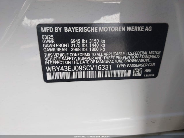 Продаж на аукціоні авто 2025 Bmw I7 Edrive50, vin: WBY43EJ09SCV16331, номер лоту: 45186731