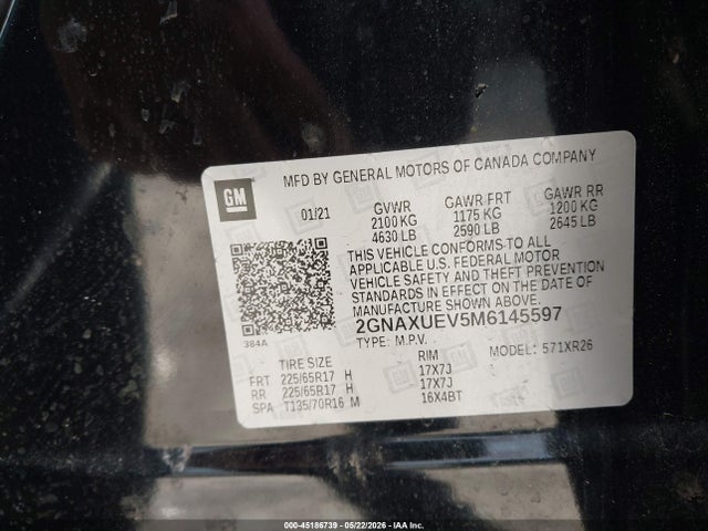 Продаж на аукціоні авто 2021 Chevrolet Equinox Awd Lt, vin: 2GNAXUEV5M6145597, номер лоту: 45186739