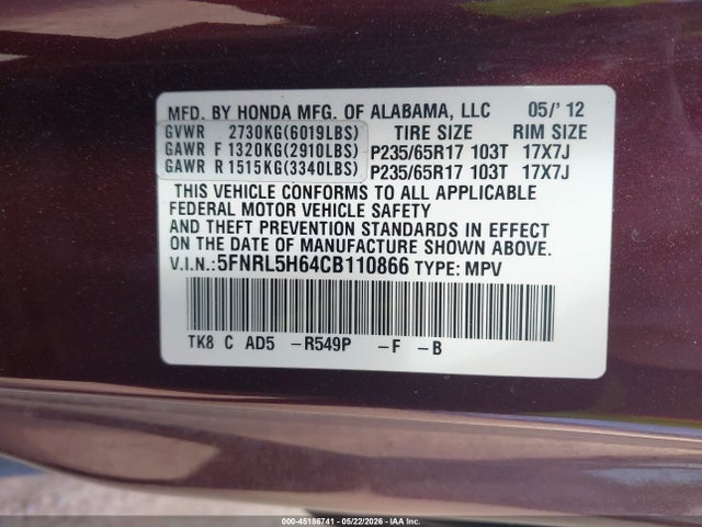 2012 Honda Odyssey Ex-l მანქანა იყიდება აუქციონზე, vin: 5FNRL5H64CB110866, აუქციონის ნომერი: 45186741