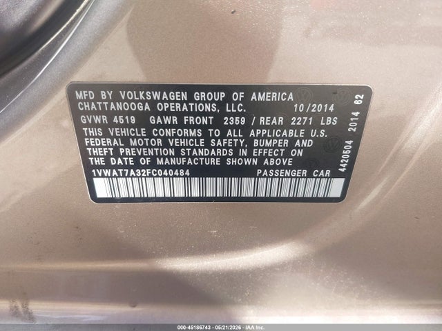 Продаж на аукціоні авто 2015 Volkswagen Passat 1.8t Wolfsburg Edition, vin: 1VWAT7A32FC040484, номер лоту: 45186743