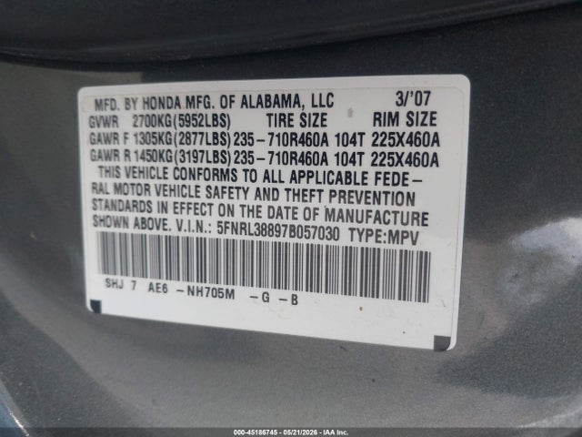 Aukcja sprzedaży 2007 Honda Odyssey Touring, vin: 5FNRL38897B057030, numer aukcji: 45186745