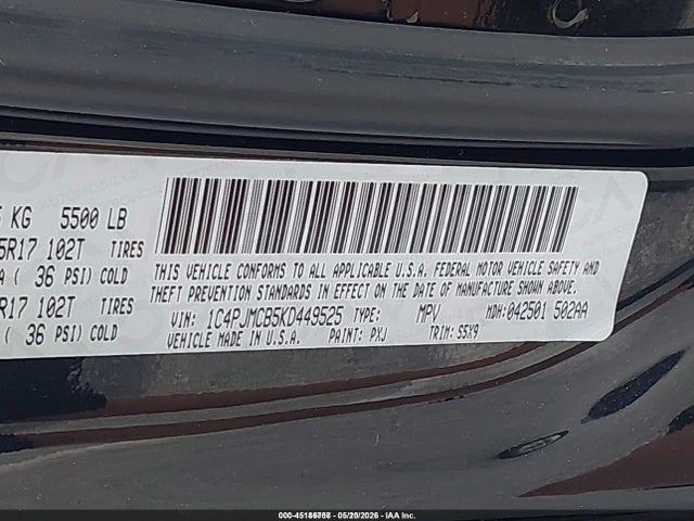 2019 Jeep Cherokee Latitude 4x4 მანქანა იყიდება აუქციონზე, vin: 1C4PJMCB5KD449525, აუქციონის ნომერი: 45186758
