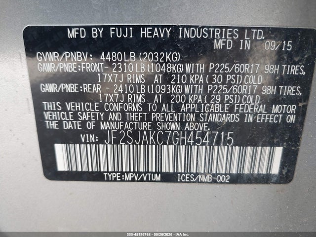 2016 Subaru Forester 2.5i Limited მანქანა იყიდება აუქციონზე, vin: JF2SJAKC7GH454715, აუქციონის ნომერი: 45186768
