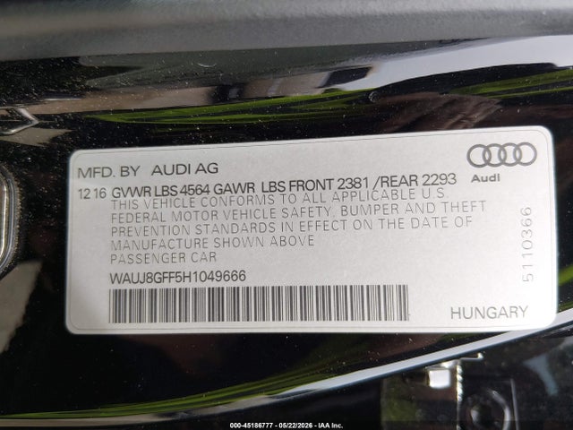 45186777 :رقم المزاد ، WAUJ8GFF5H1049666 vin ، 2017 Audi A3 2.0t Premium مزاد بيع