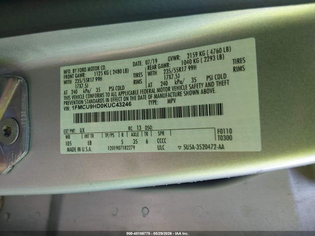 Продаж на аукціоні авто 2019 Ford Escape Sel, vin: 1FMCU9HD0KUC43246, номер лоту: 45186778