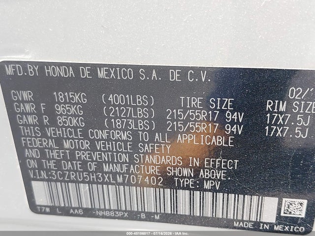 3CZRU5H3XLM707402 Honda Hr-v 2wd Lx