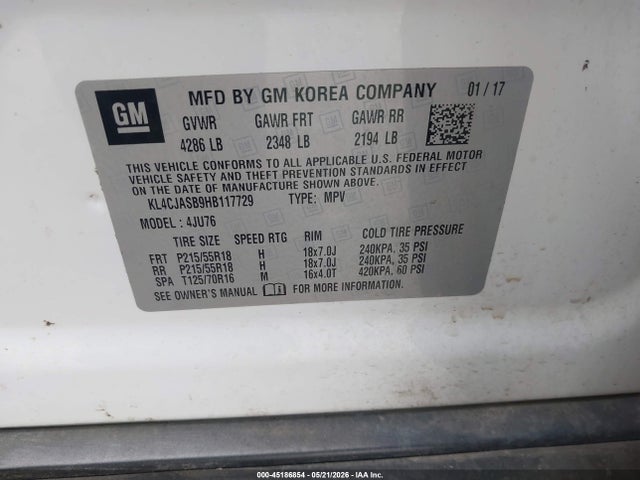2017 Buick Encore Preferred მანქანა იყიდება აუქციონზე, vin: KL4CJASB9HB117729, აუქციონის ნომერი: 45186854