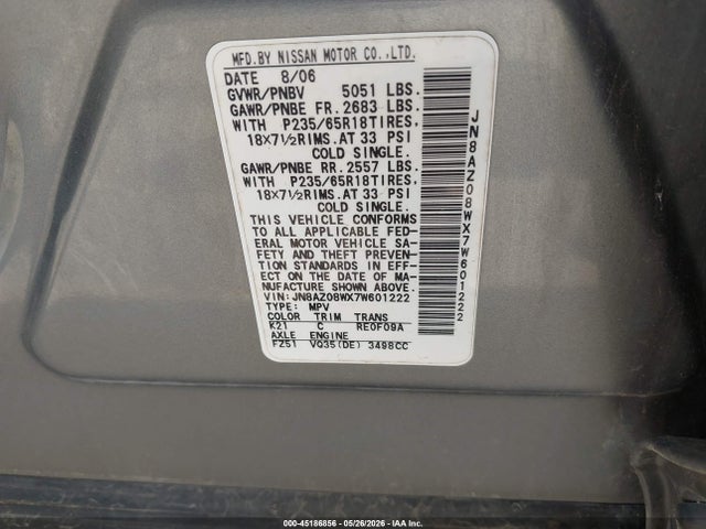 Продаж на аукціоні авто 2007 Nissan Murano Sl, vin: JN8AZ08WX7W601222, номер лоту: 45186856