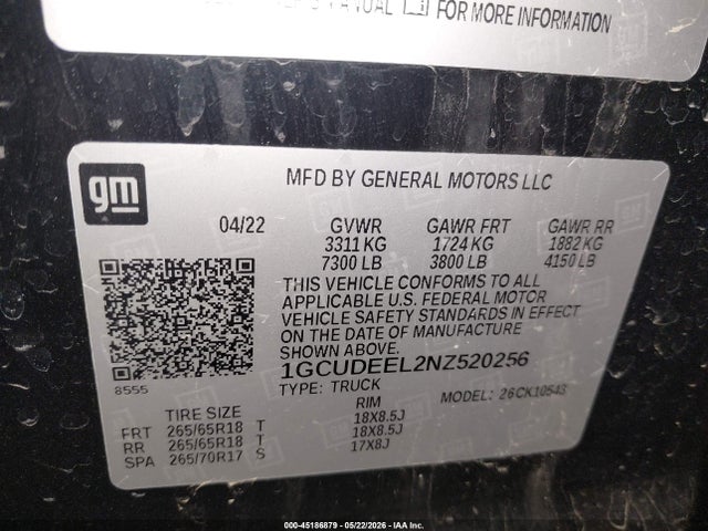 1GCUDEEL2NZ520256 Chevrolet Silverado 1500 4wd Short Bed Rst