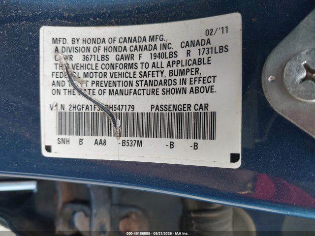 Продажа на аукционе авто 2011 Honda Civic Vp, vin: 2HGFA1F35BH547179, номер лота: 45186885