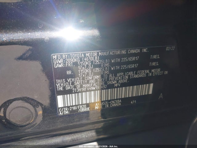 2022 Toyota Rav4 Le მანქანა იყიდება აუქციონზე, vin: 2T3H1RFV4NW190492, აუქციონის ნომერი: 45186891