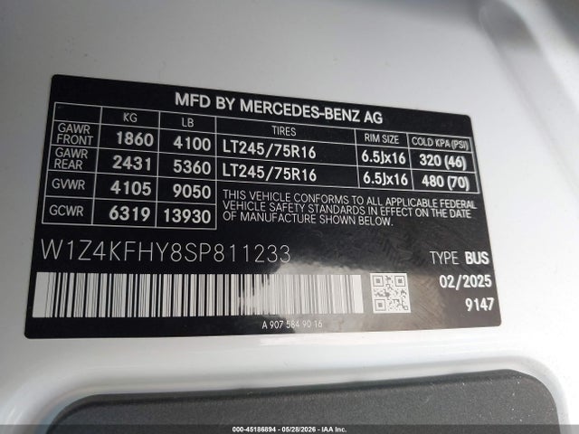 Продаж на аукціоні авто 2025 Mercedes-benz Sprinter 2500 Standard Roof 4-cyl Diesel, vin: W1Z4KFHY8SP811233, номер лоту: 45186894
