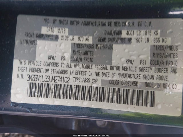 45186895 :رقم المزاد ، 3MZBN1L33JM274102 vin ، 2018 Mazda Mazda3 Touring مزاد بيع